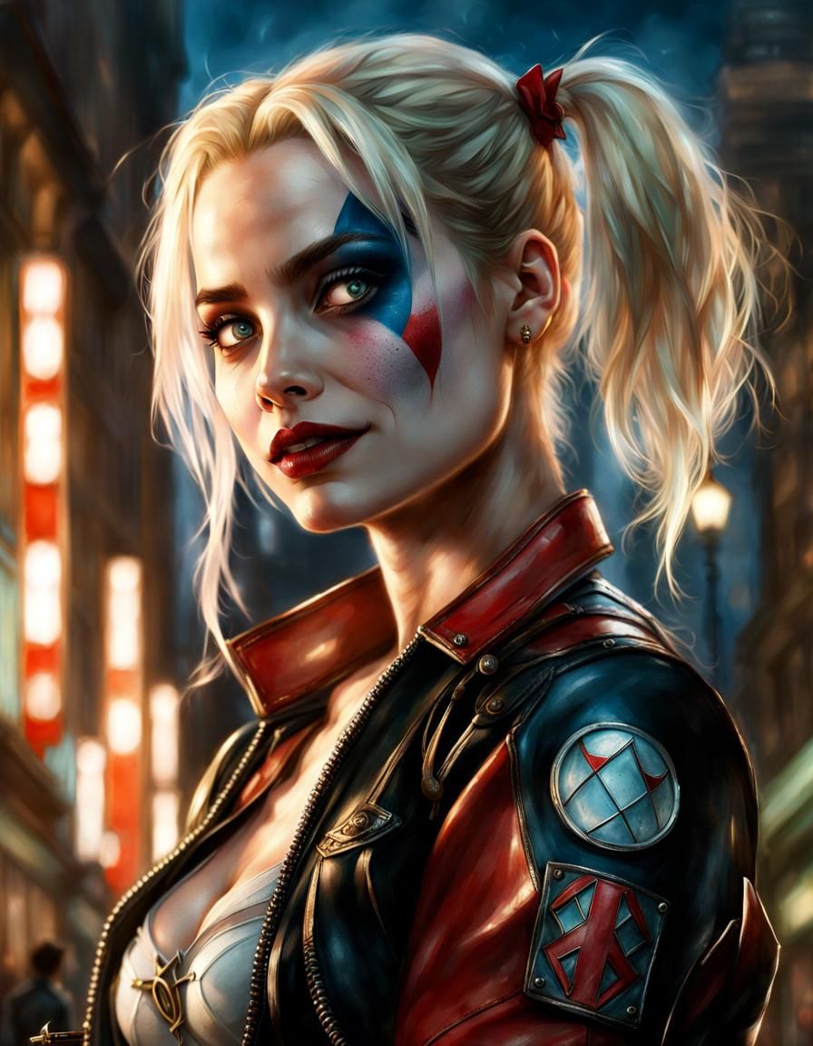 Hyperrealistic Harley Quinn Digital Watercolor Painting