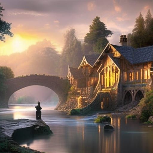 Riverside Lodge at Sunrise: Dark Fantasy Concept Art