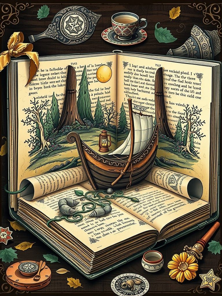 Intricately detailed, vintage-inspired book with worn, crack...