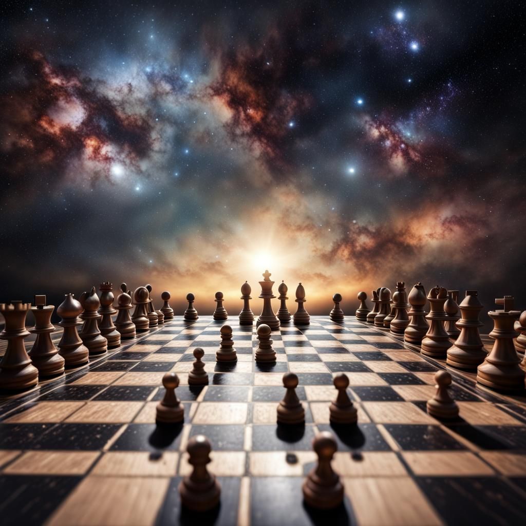 Hyperrealistic Celestial Chess Game in Star Field