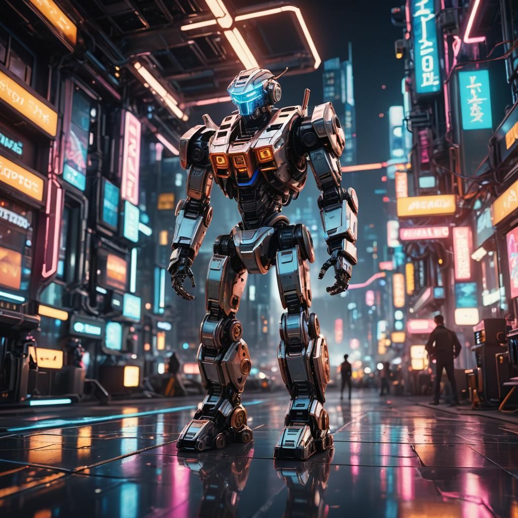 Futuristic Sci-Fi Mech Toy in Neon Cityscape