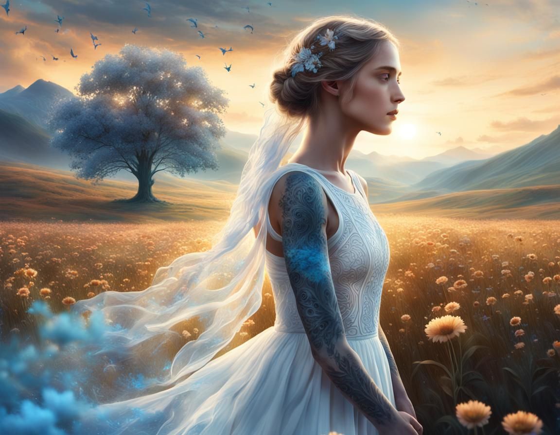 Girl with Smoky Tattoos in Sunset Field