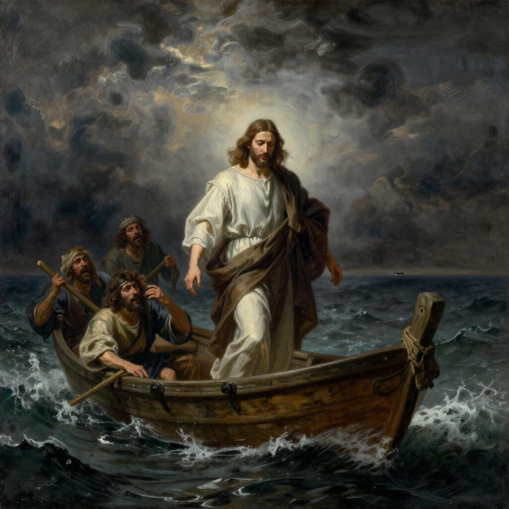 Jesus Walks on Stormy Seas Before Terrified Disciples