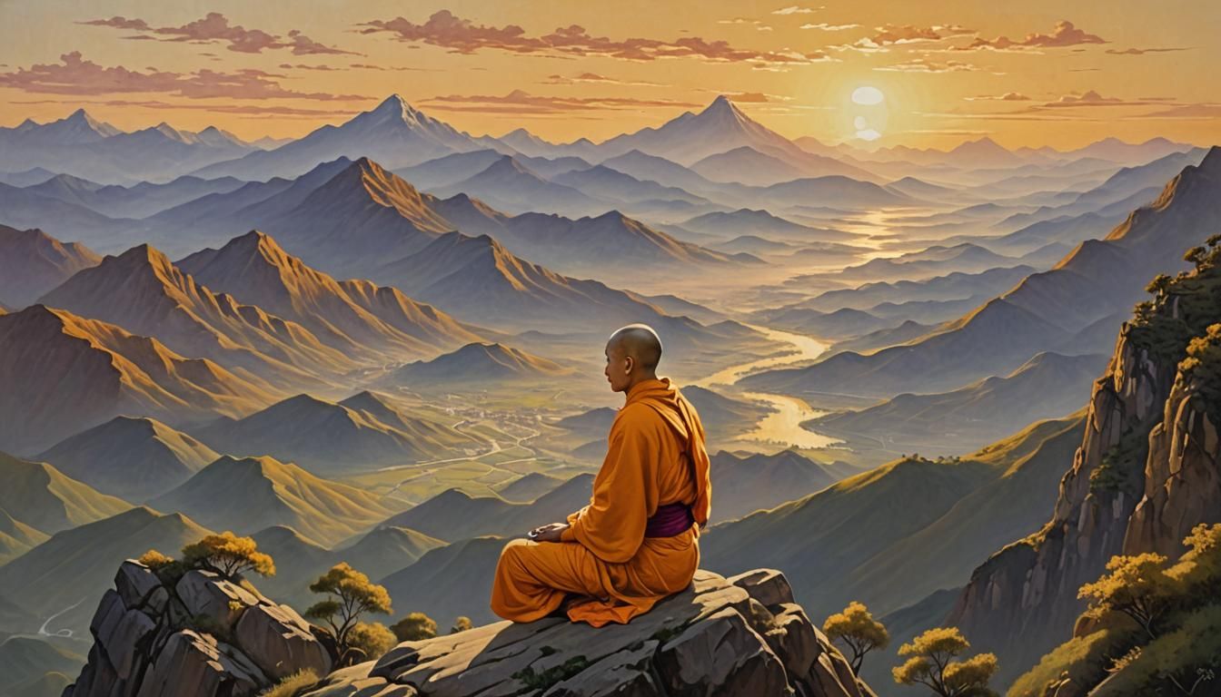 Buddhist Monk Meditating on Mountain, Golden Sunset Oil Pain...
