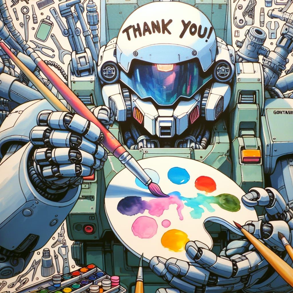 Mecha Robot Expressing Gratitude with Watercolor Art