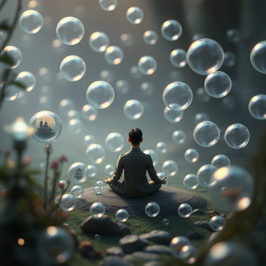 Ethereal Zen Garden with Iridescent Bubbles