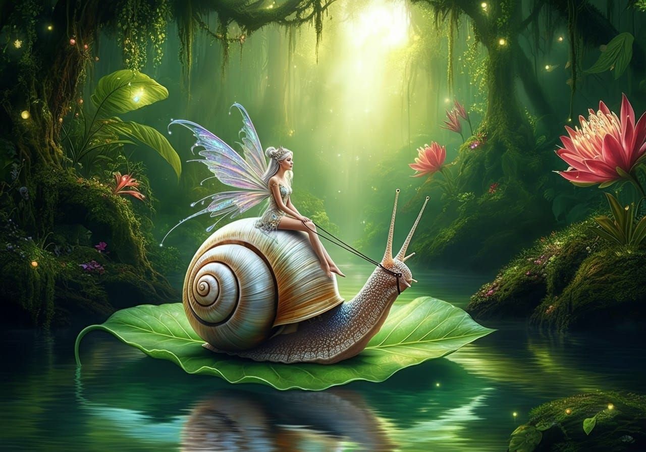Fairy Princess Rides Snail Through Rainforest