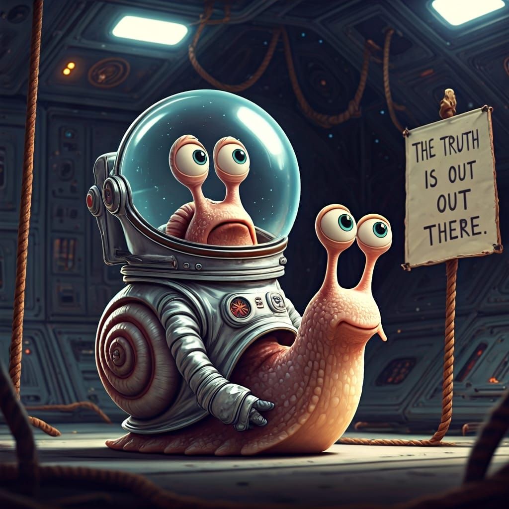 Snail Astronaut in Claymation Style with Sign