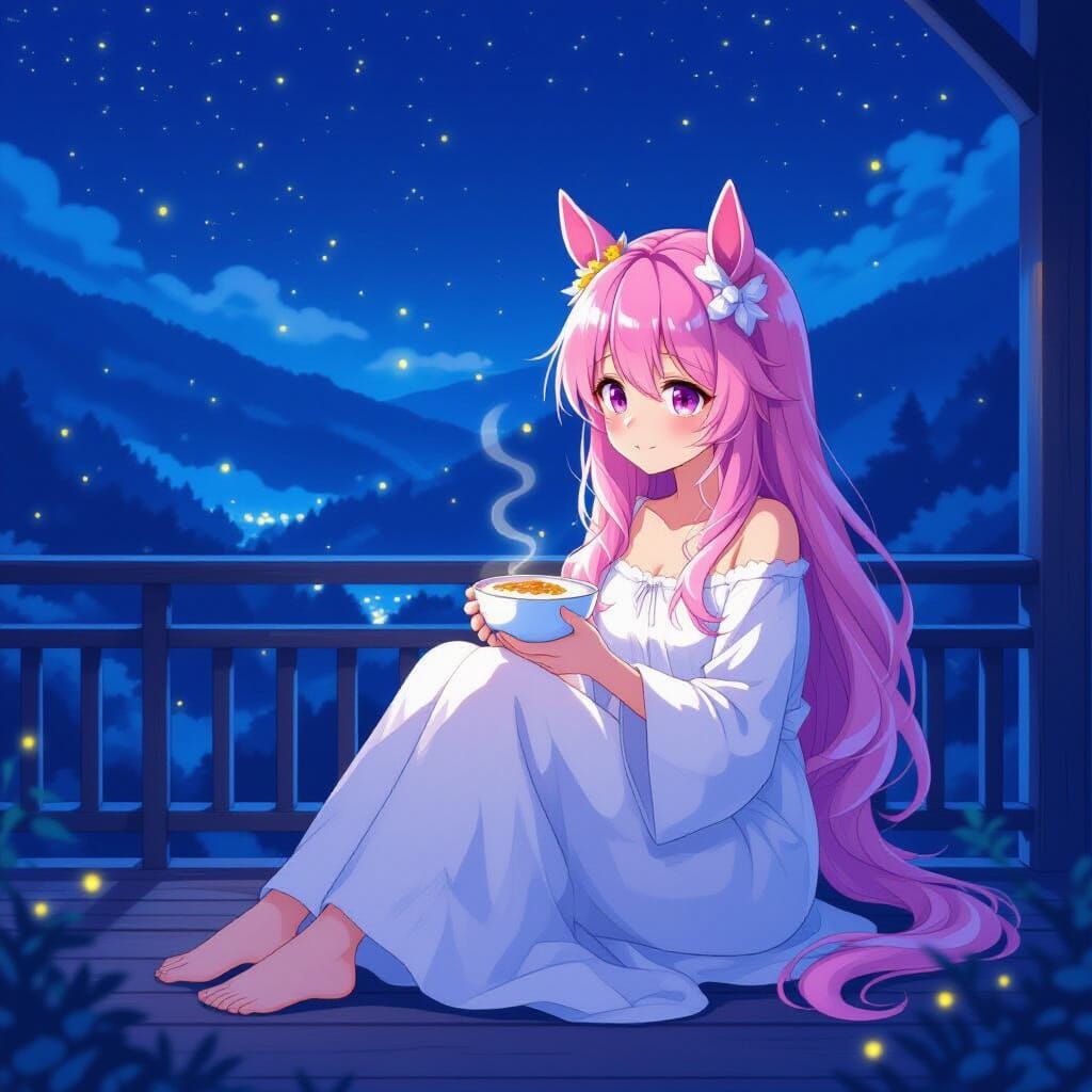 Anime Girl with Horse Ears in Surreal Valley