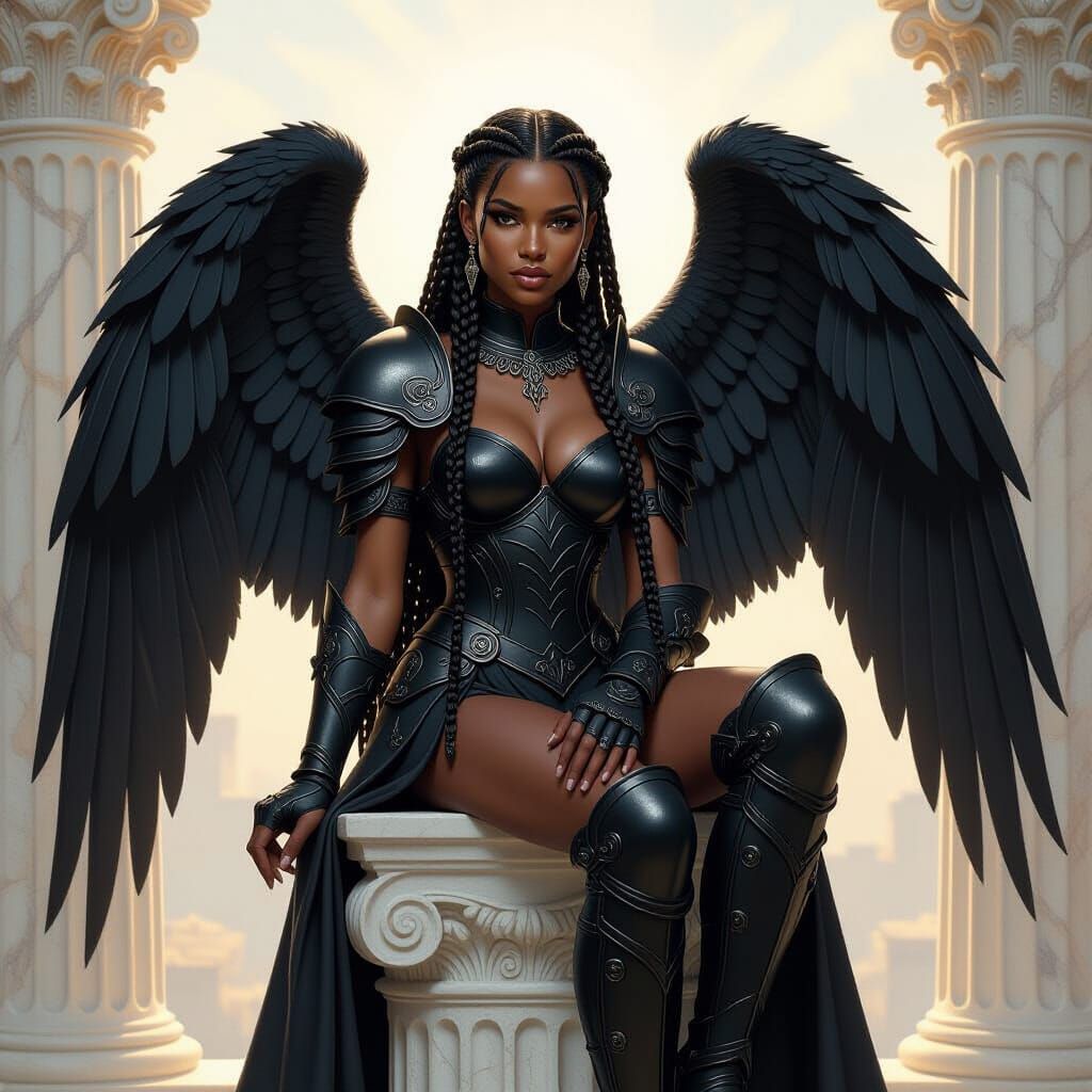 Black Armored Angel on Marble Column