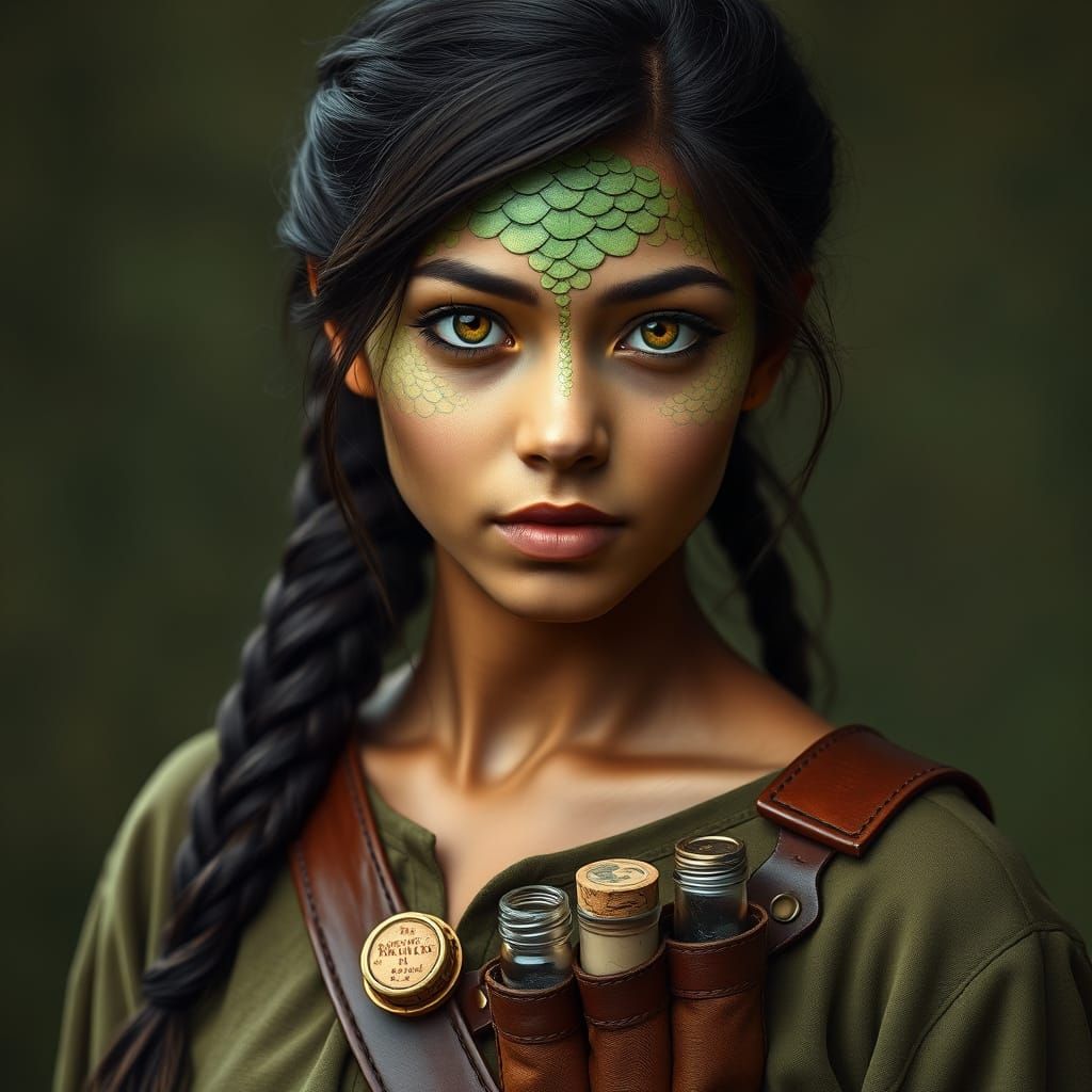 Fantasy Woman Portrait with Green Scales and Amber Eyes