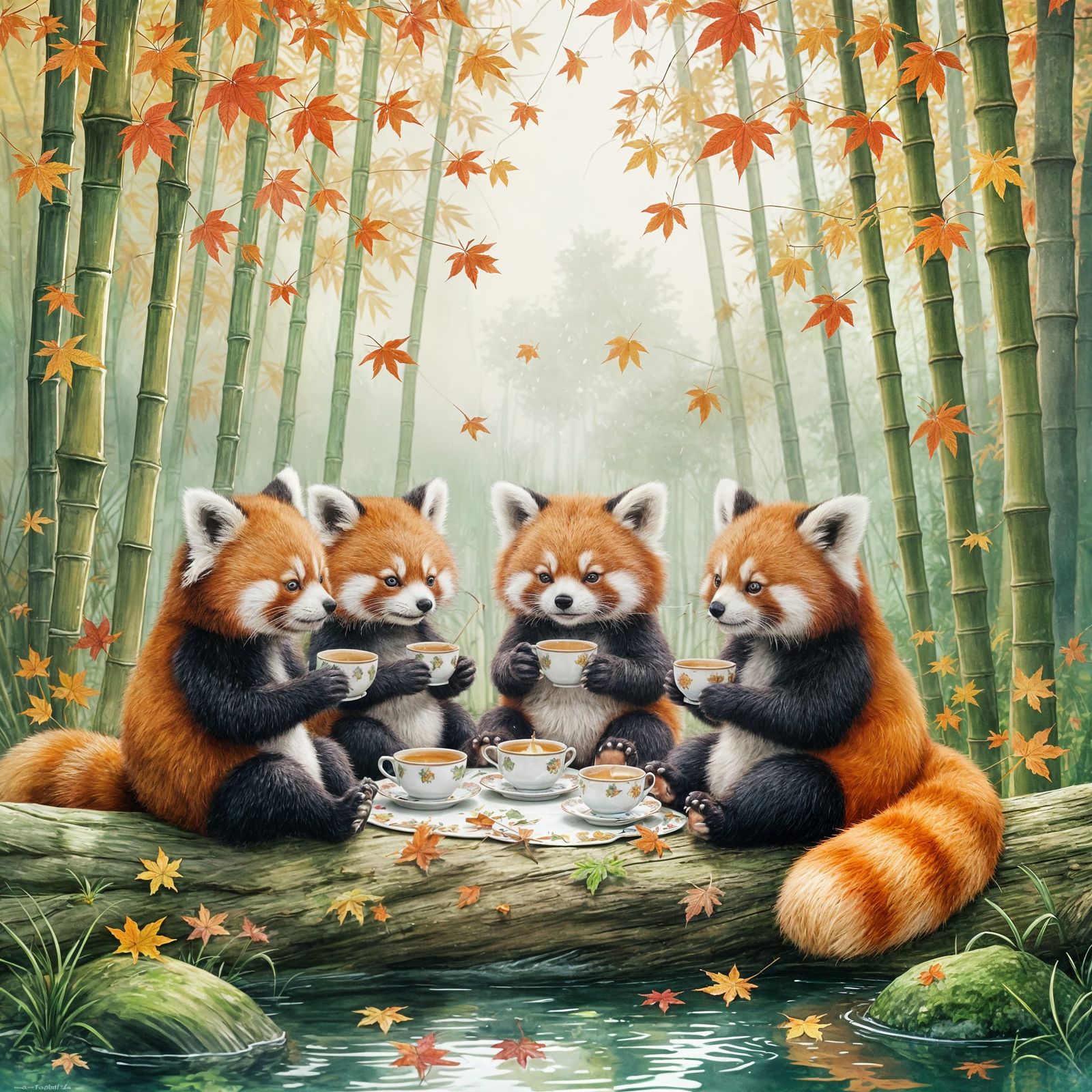 Red Pandas Enjoy Tea Party in Autumn Bamboo Forest