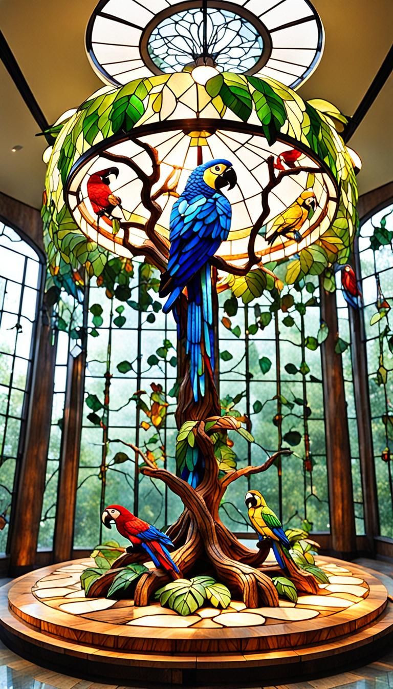 Stained Glass Macaw Chandelier in Glass Atrium