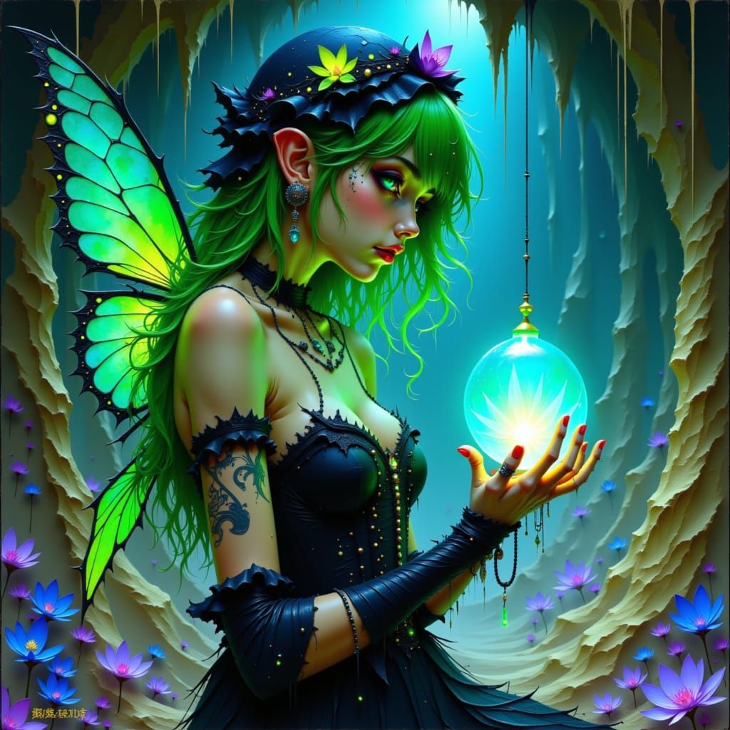 Gothic Fairy with Neon Hair in Crystal Cave