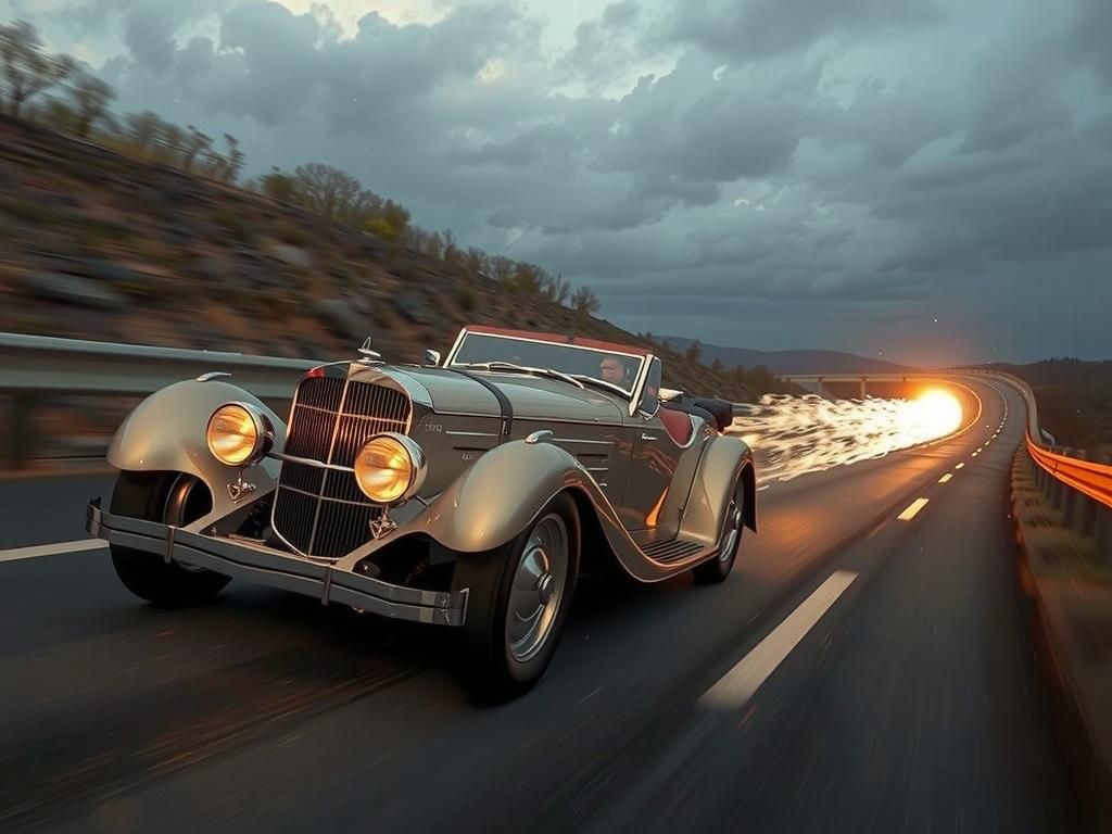 Luxury 1930s Car Speeding Down Highway in Art Deco Style