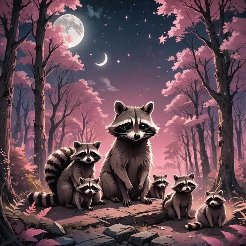Raccoon Family in Mystical Forest, Anime Style