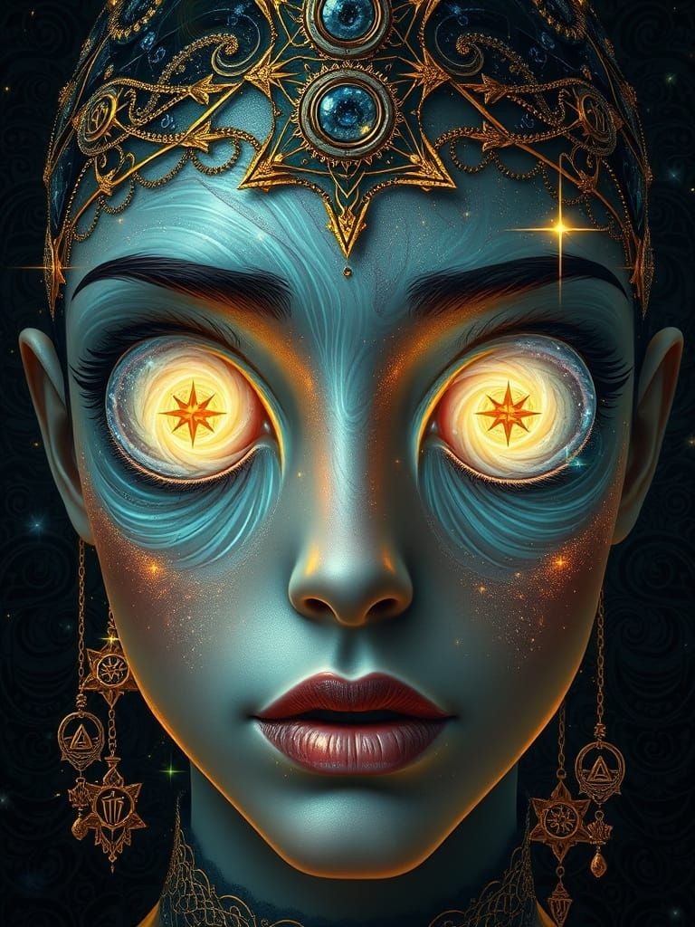 Cosmic Portrait with Swirling Eyes and Celestial Motifs