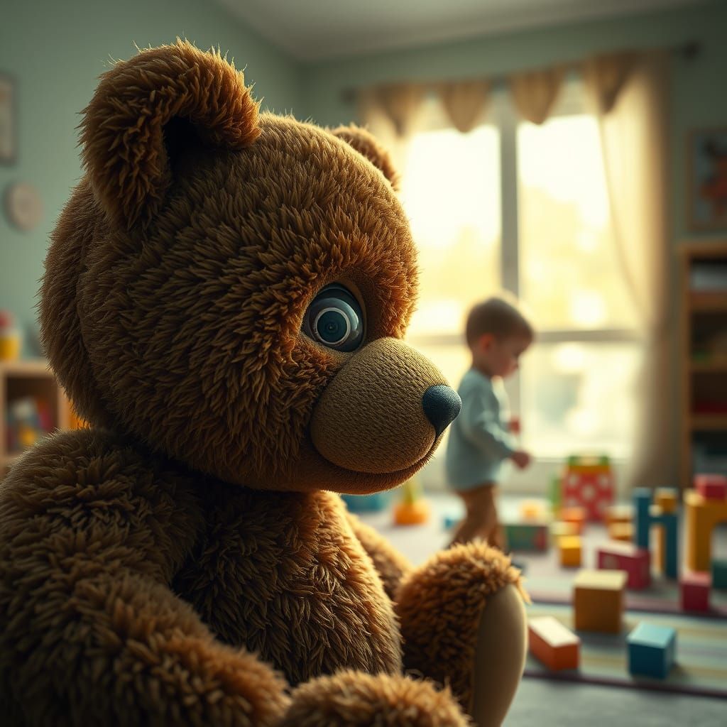 Eerie Teddy Bear Surveillance in Photorealistic Style
