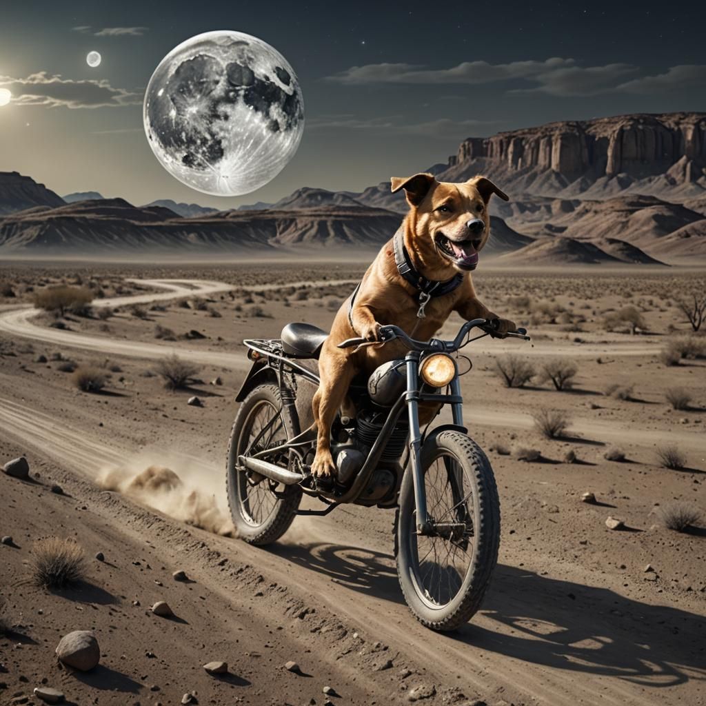 Dog Rides Bike on Barren Moon Landscape