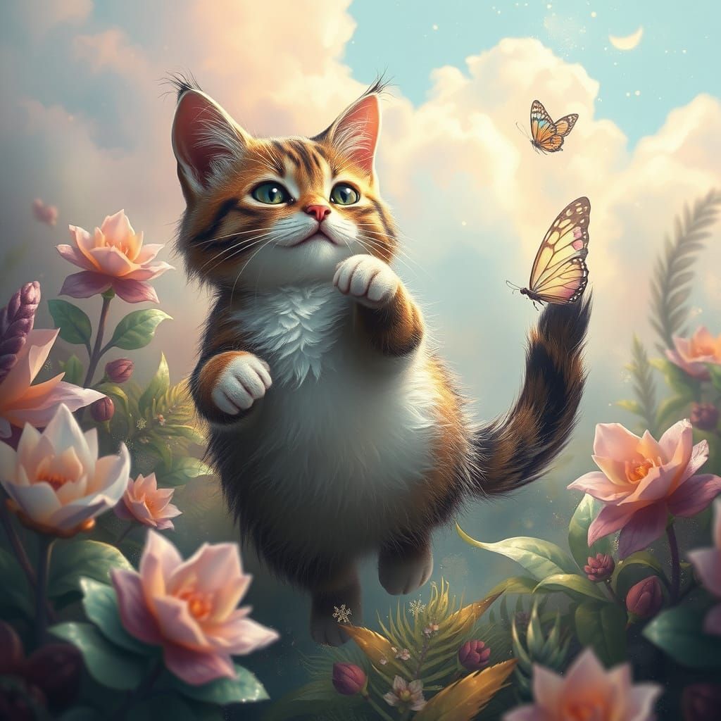 Whimsical Cat in Vibrant Dreamscape