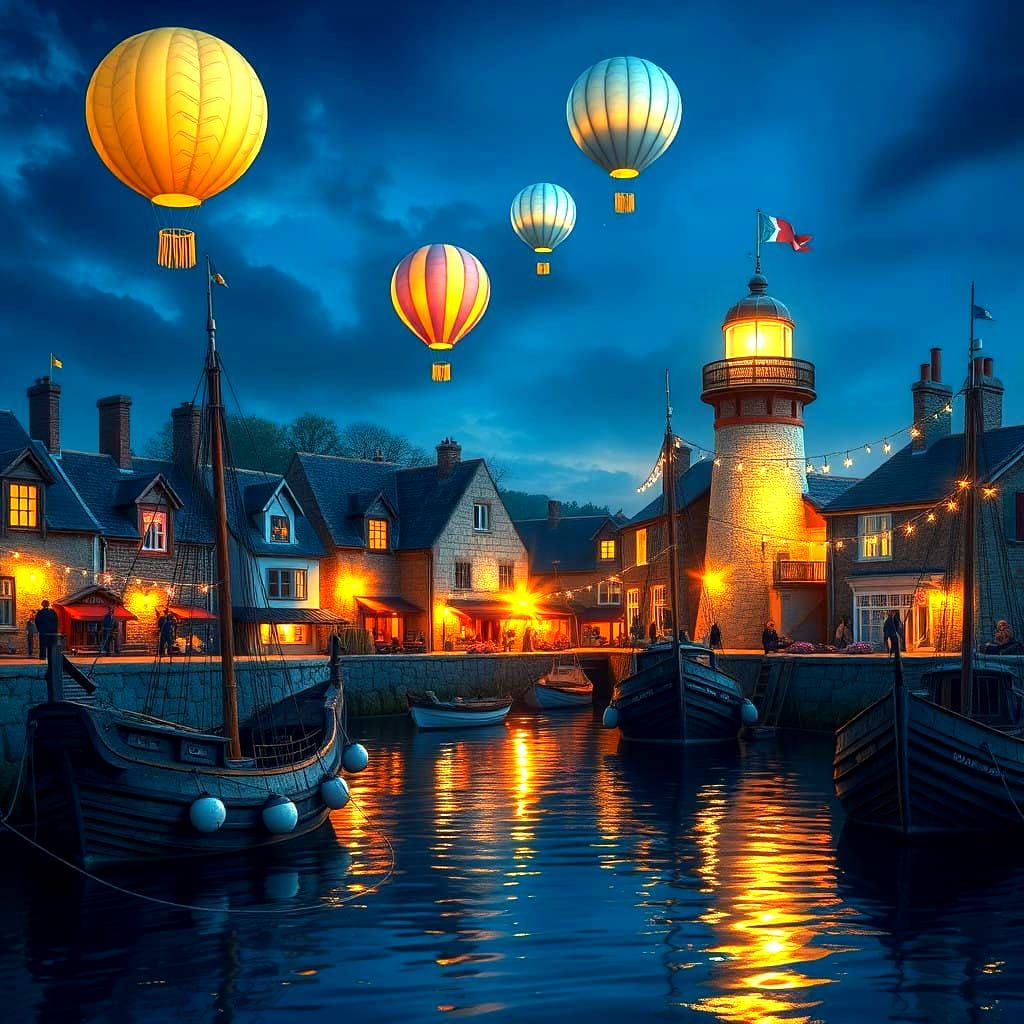 Breton Fishing Village at Night, with Lighthouse and Ancient...