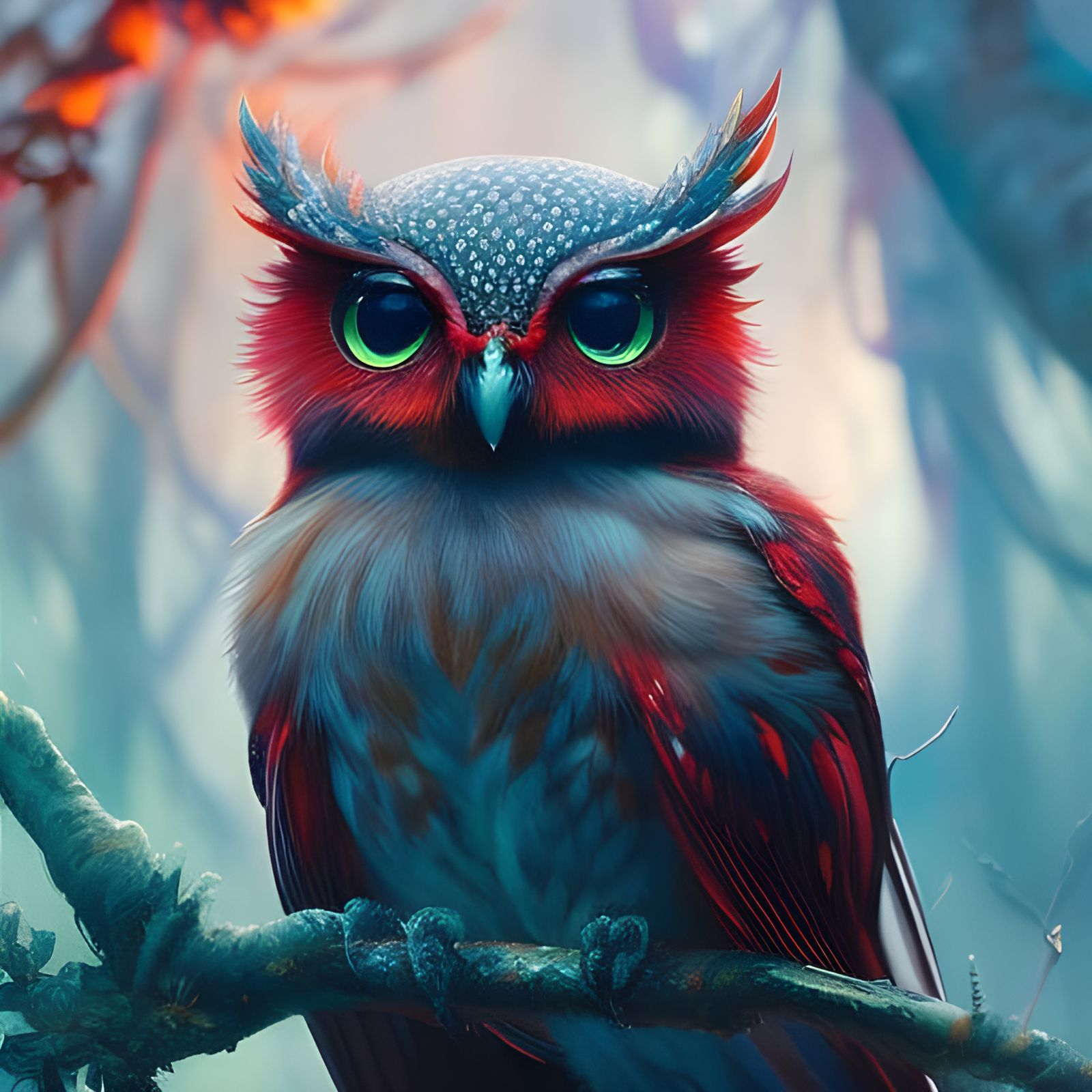 Fiery Red Owl Portrait in Liquid Ink Style