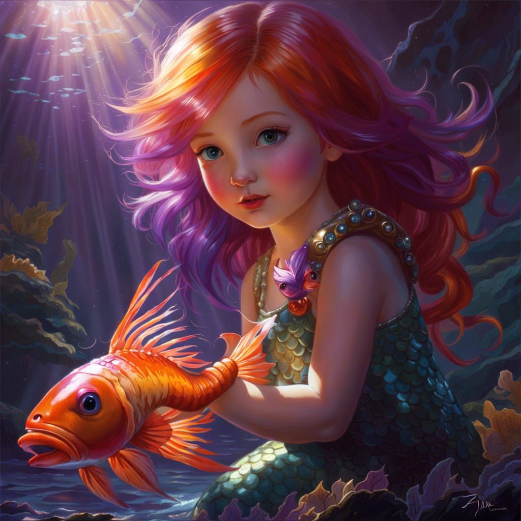 Chibi Mermaid with Shrimp in Sunlight