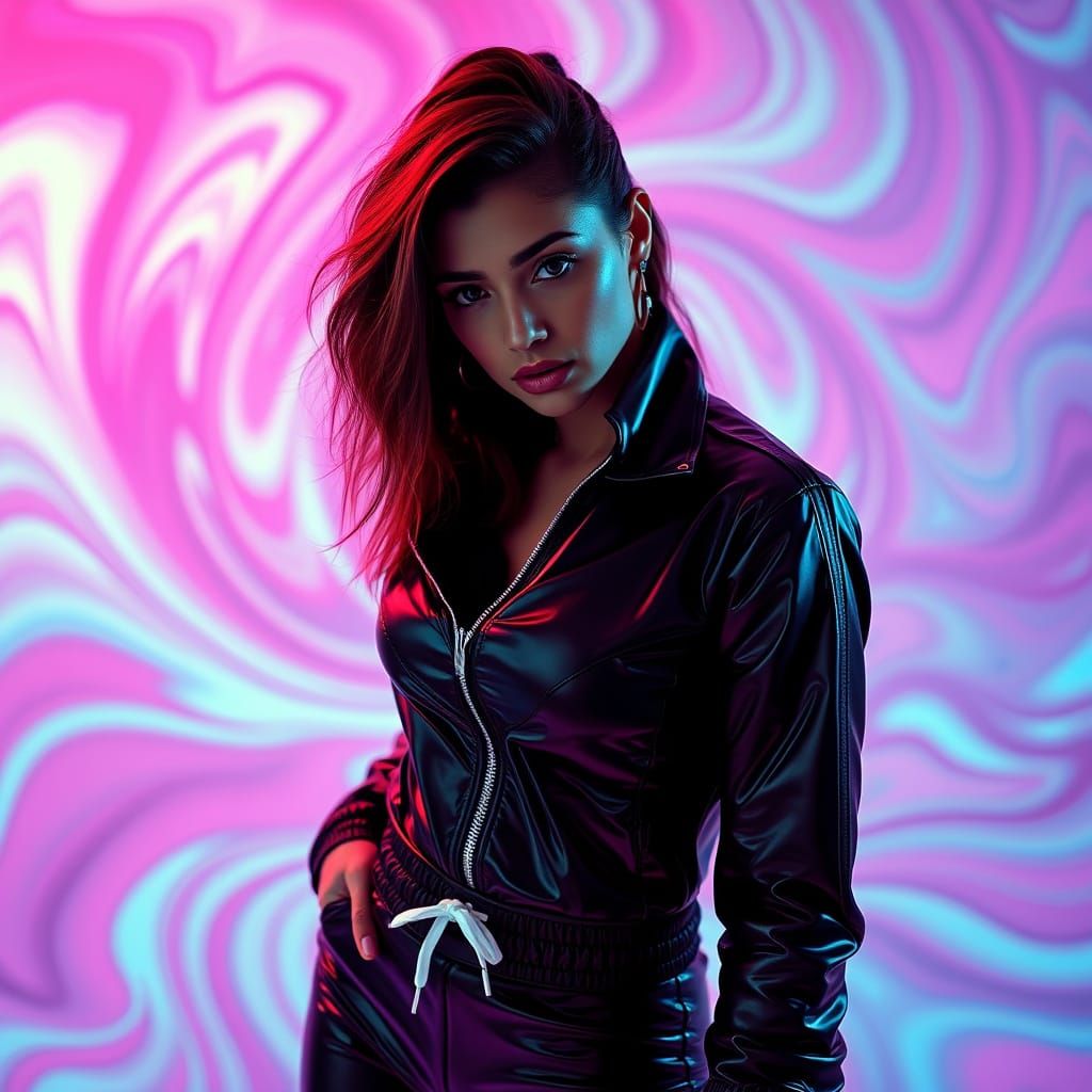 Lady in Leather Tracksuit, Fantasy Background