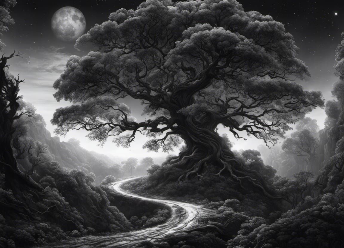 Dryad on Celestial Road: Black and White Ink Painting