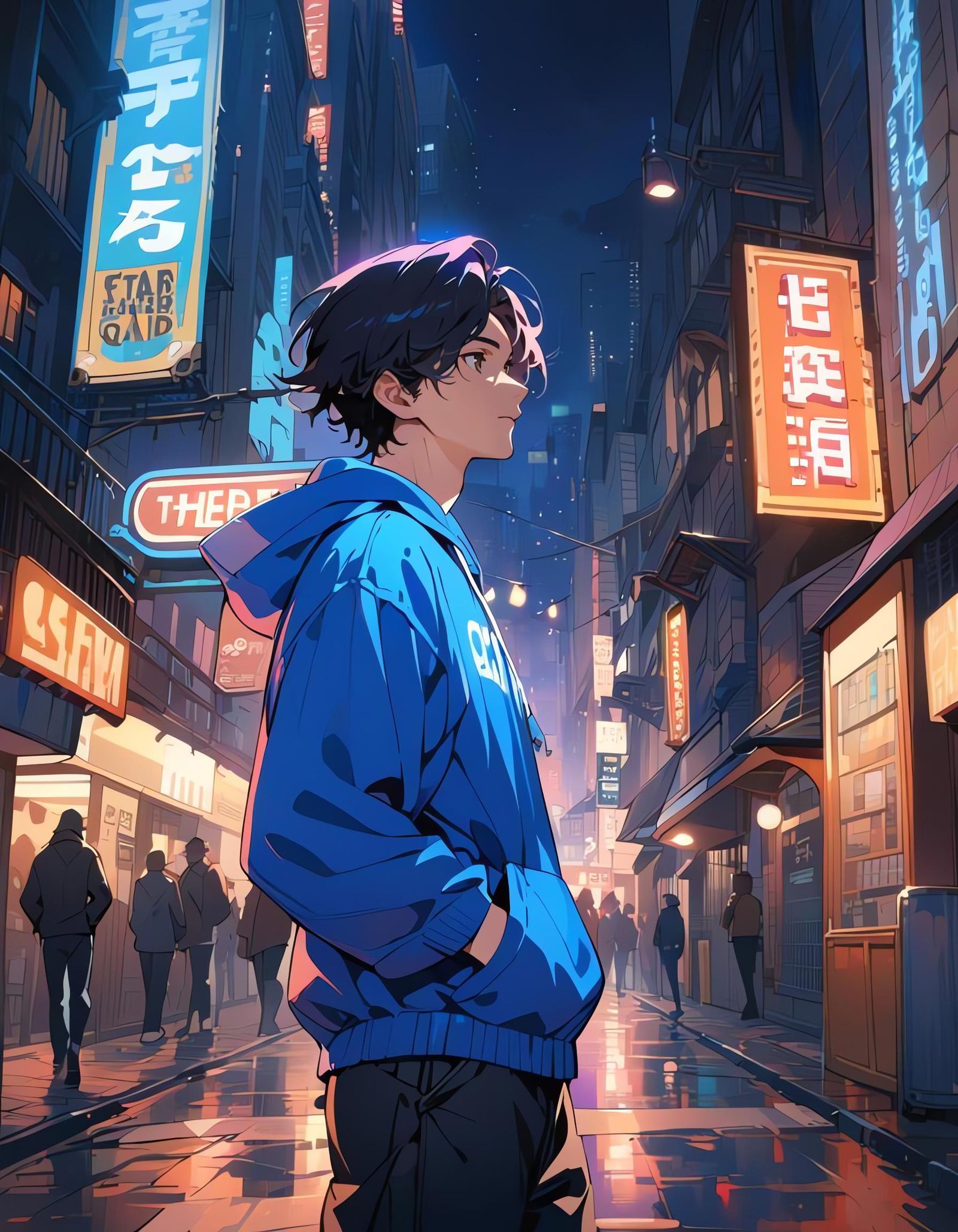Young Man in Blue Hoodie at Night