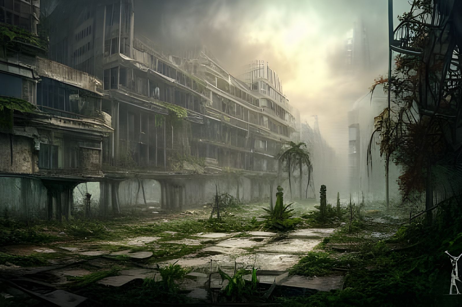 City Ruins Reclaimed by Nature: Post-Apocalyptic Landscape