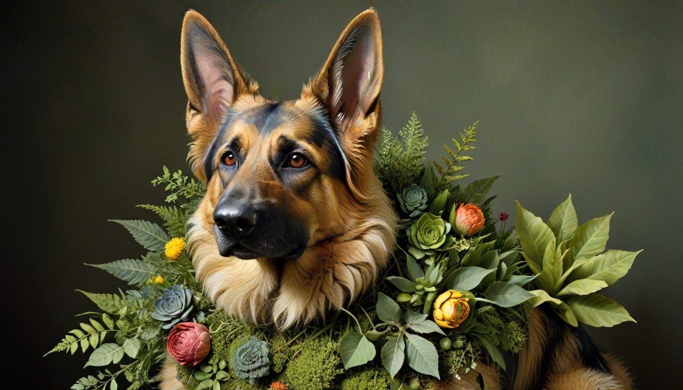 Botanical German Shepherd in Surreal Style