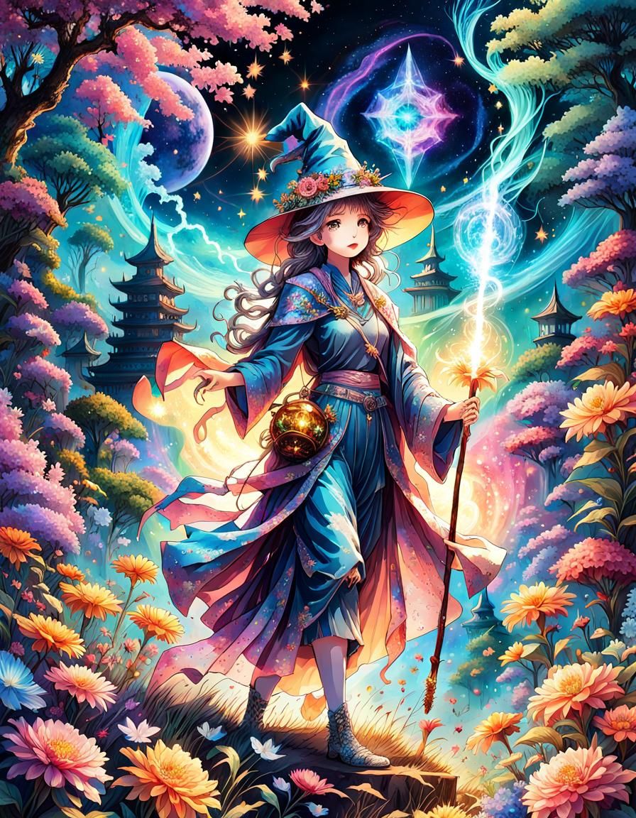 Anime Wizard with Iridescent Magic and Flowers
