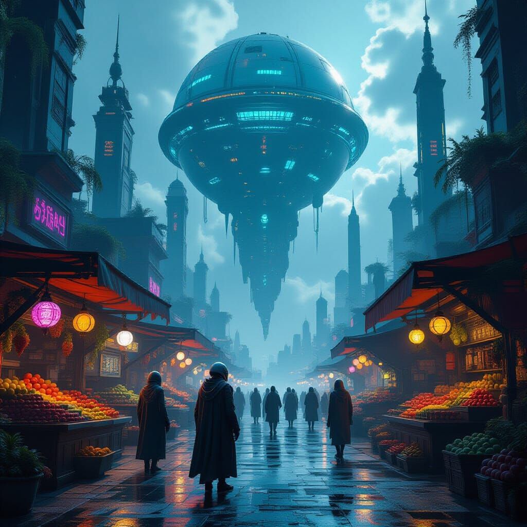 Highly creative. A bustling marketplace on a gas giant's moo...