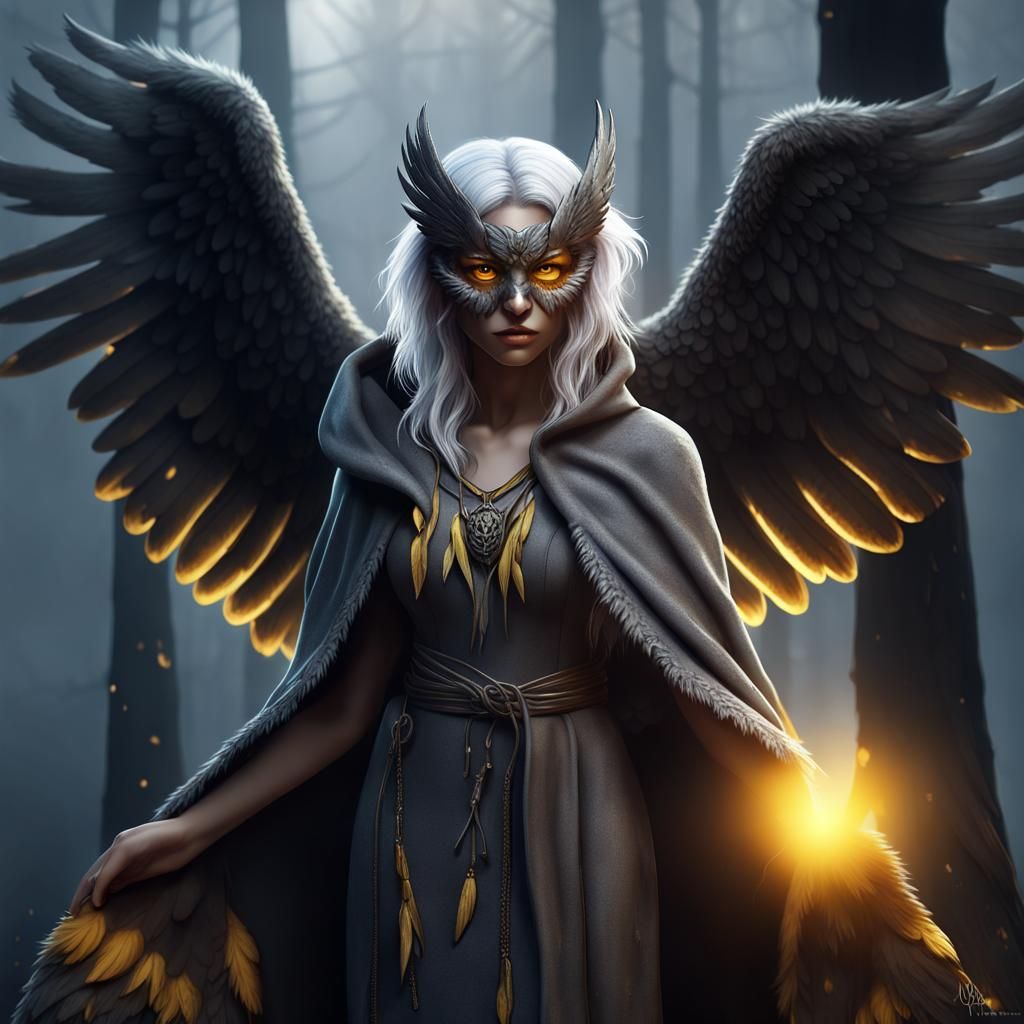 Winged Harpy Girl in Forest, Detailed Matte Painting