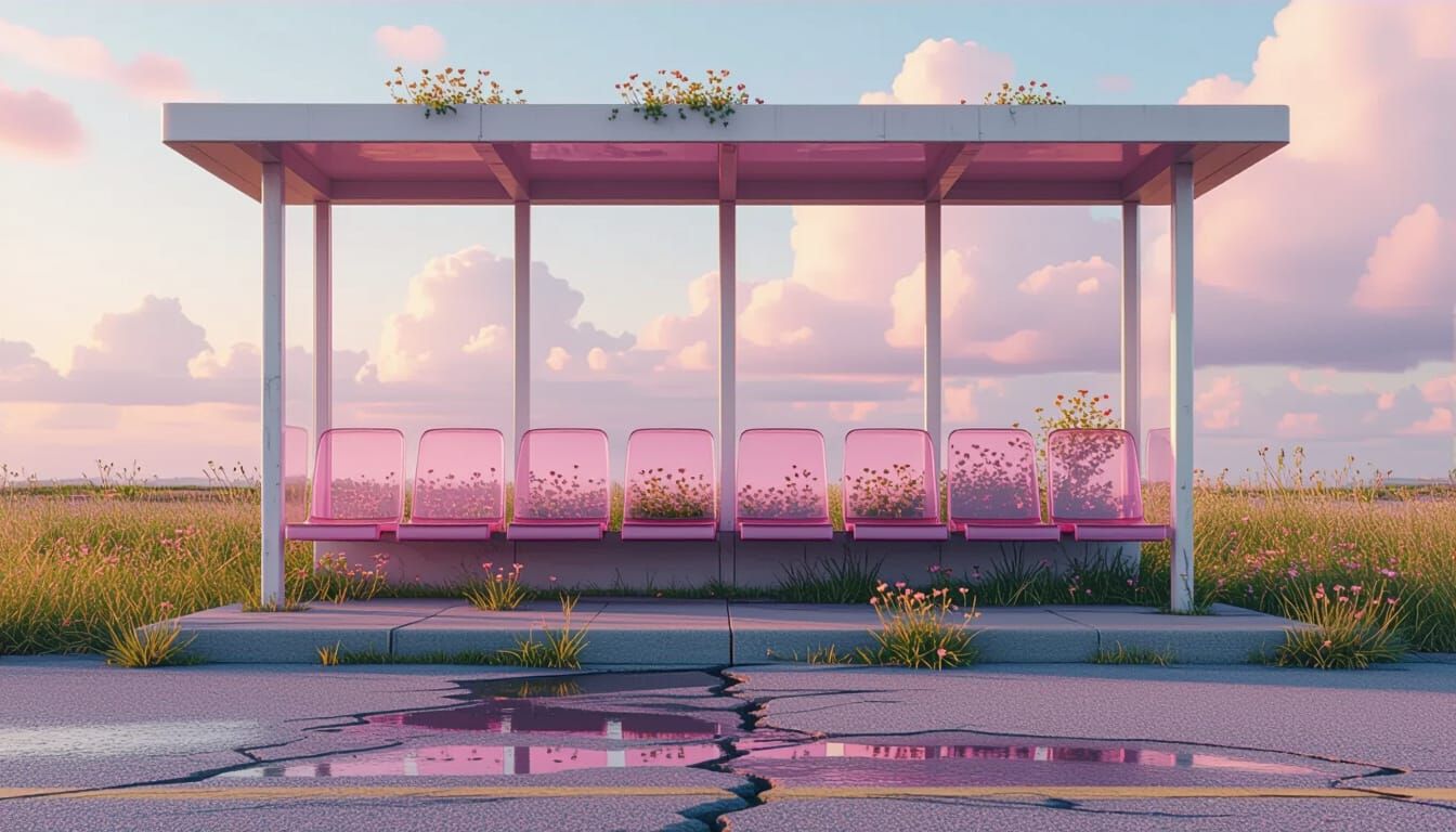 Dreamy Pastel Bus Stop with Glass Seats