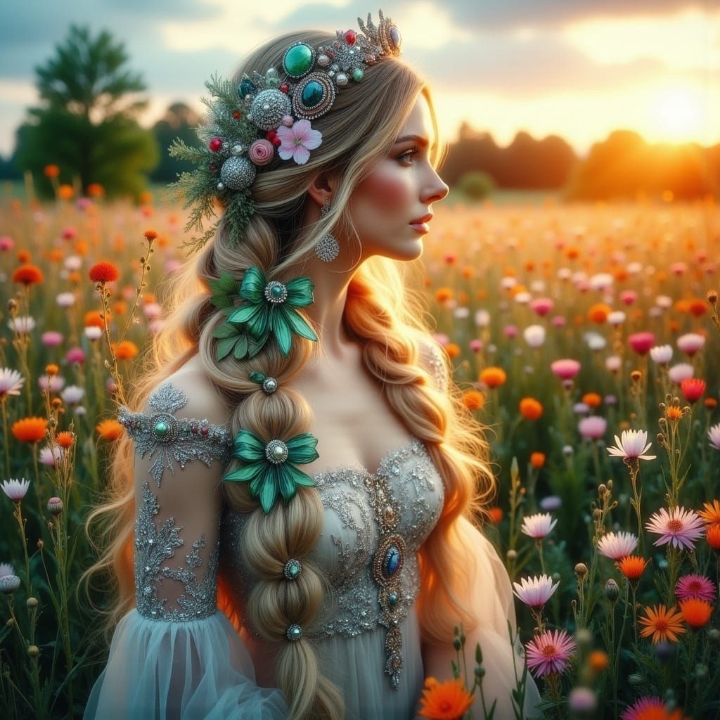 Tsarina in Pre-Petrine Era Attire Amidst Wildflowers