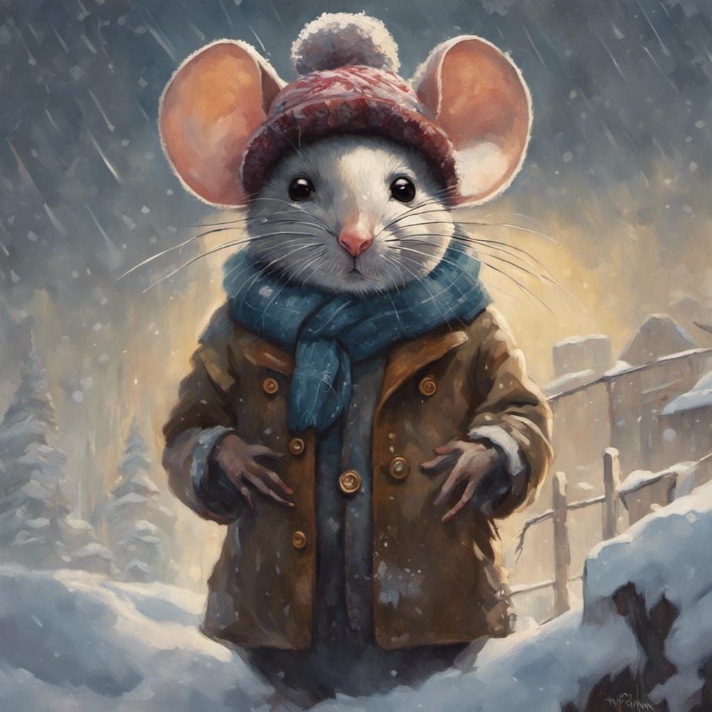Folk Art Mouse Portrait in Winter Storm