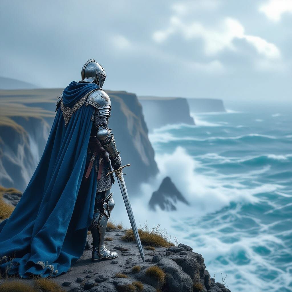 Knight on Cliff Overlooking Stormy Sea