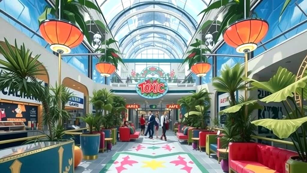 Retro-Futuristic Mall Scene in a Whimsical Style