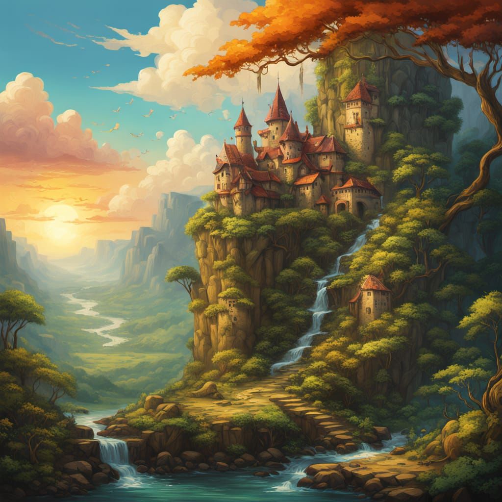 Medieval Fantasy Jungle Tavern in Vibrant Oil Painting