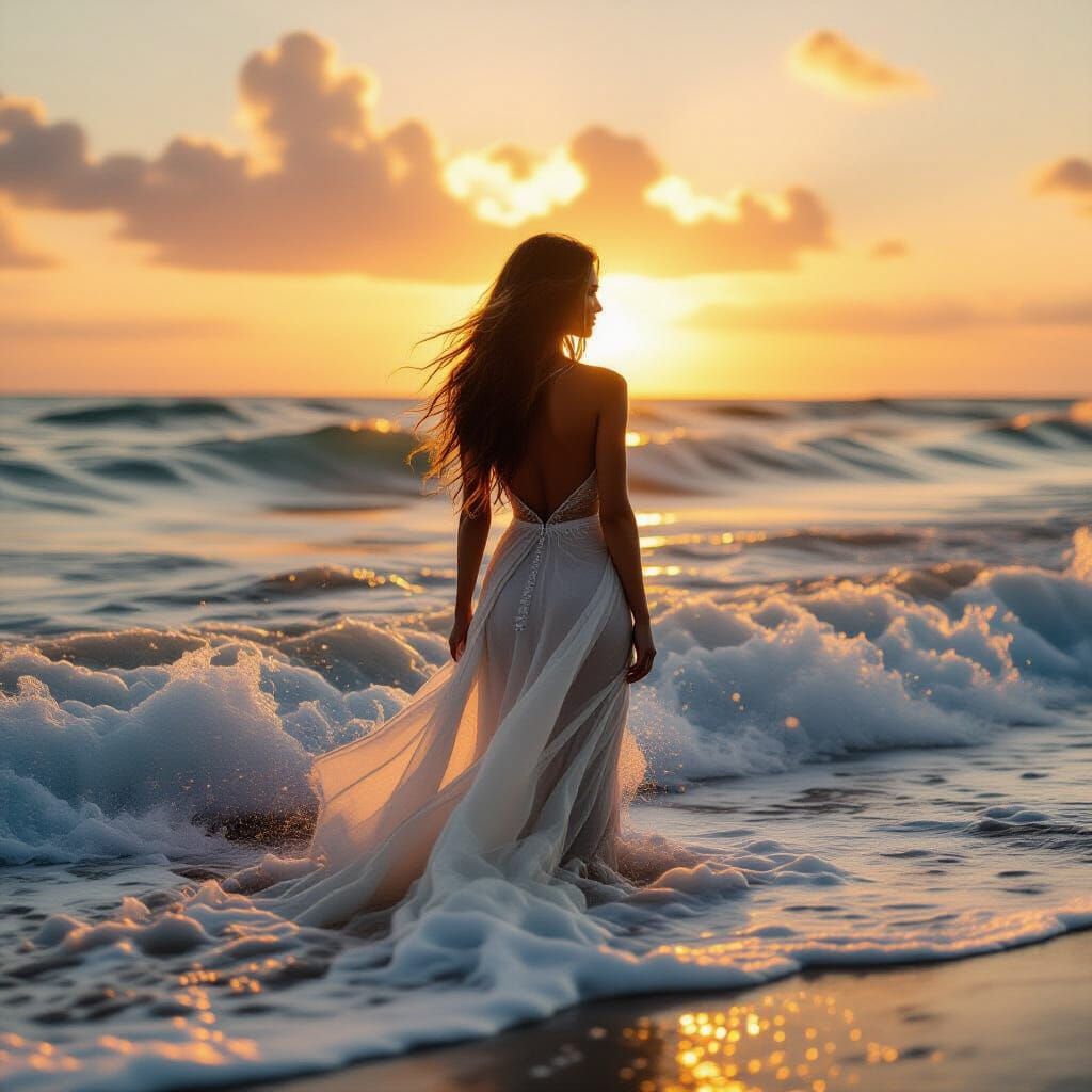 Woman Controls Ocean Waves at Sunset