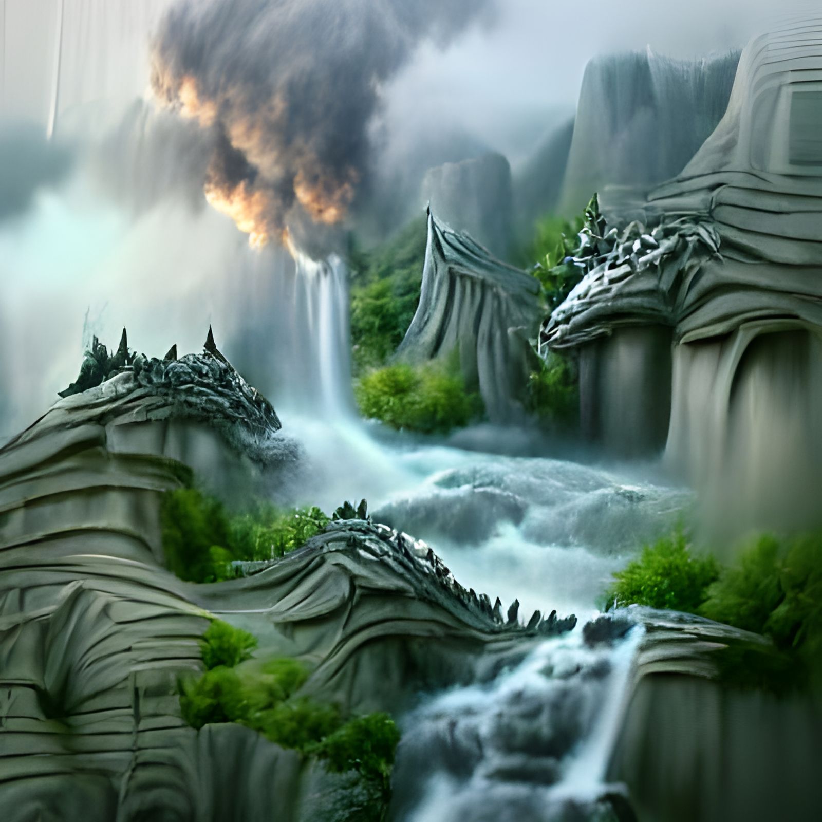Dragons Crying Waterfalls Over Jungle: Matte Painting