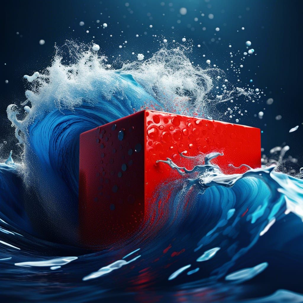 Red Cube in Blue Sea: Street Art Splash