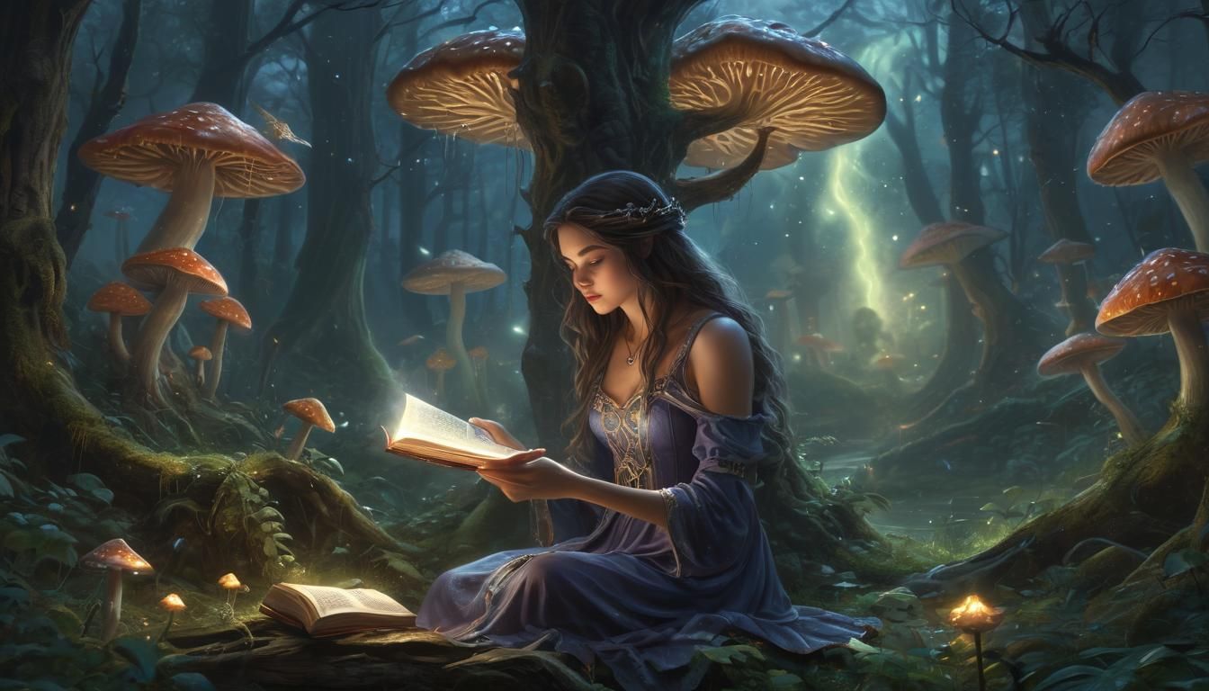 Mystical Forest Sorceress Reads Book: Digital Fantasy Art