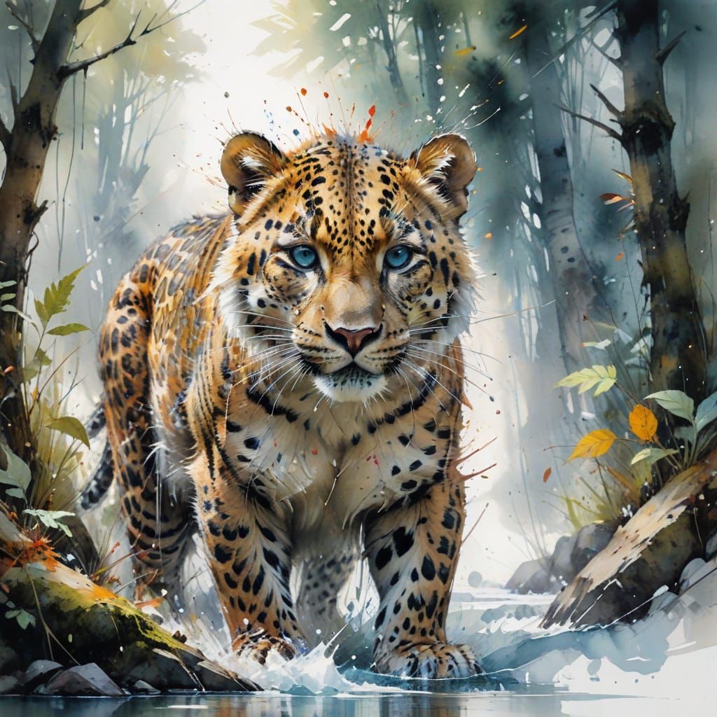 Amur Leopard in Asian Forest, Watercolor Painting