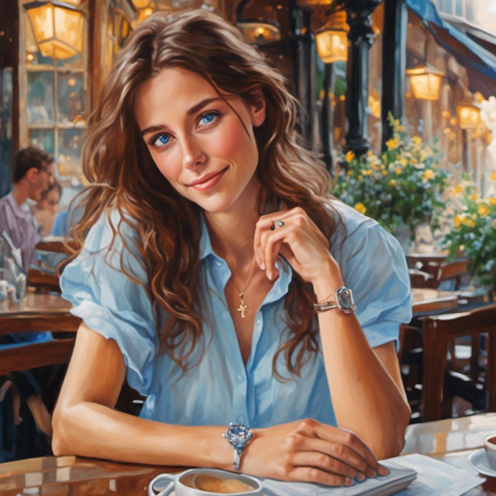 Woman at Cafe: Hyperrealistic Portrait