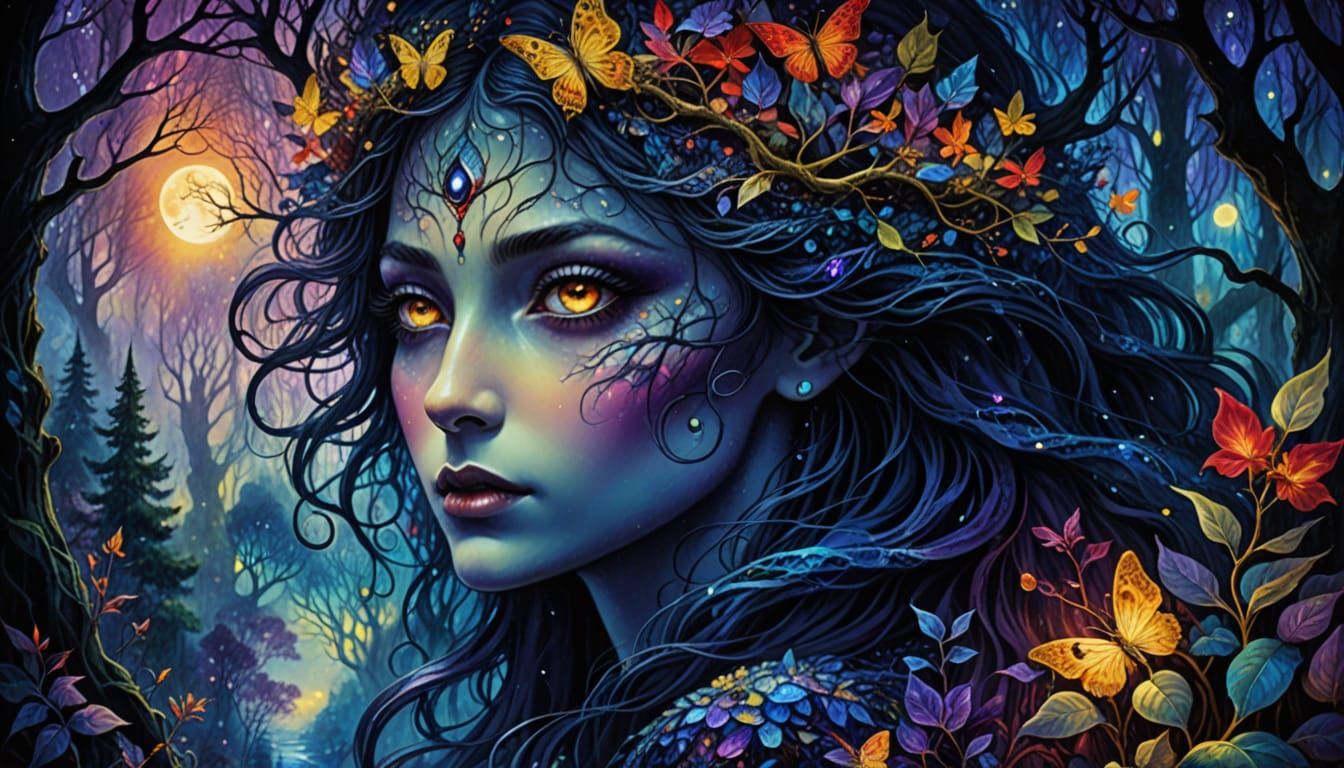 Mystical Forest Garden with Glowing Eyes in Surreal Style