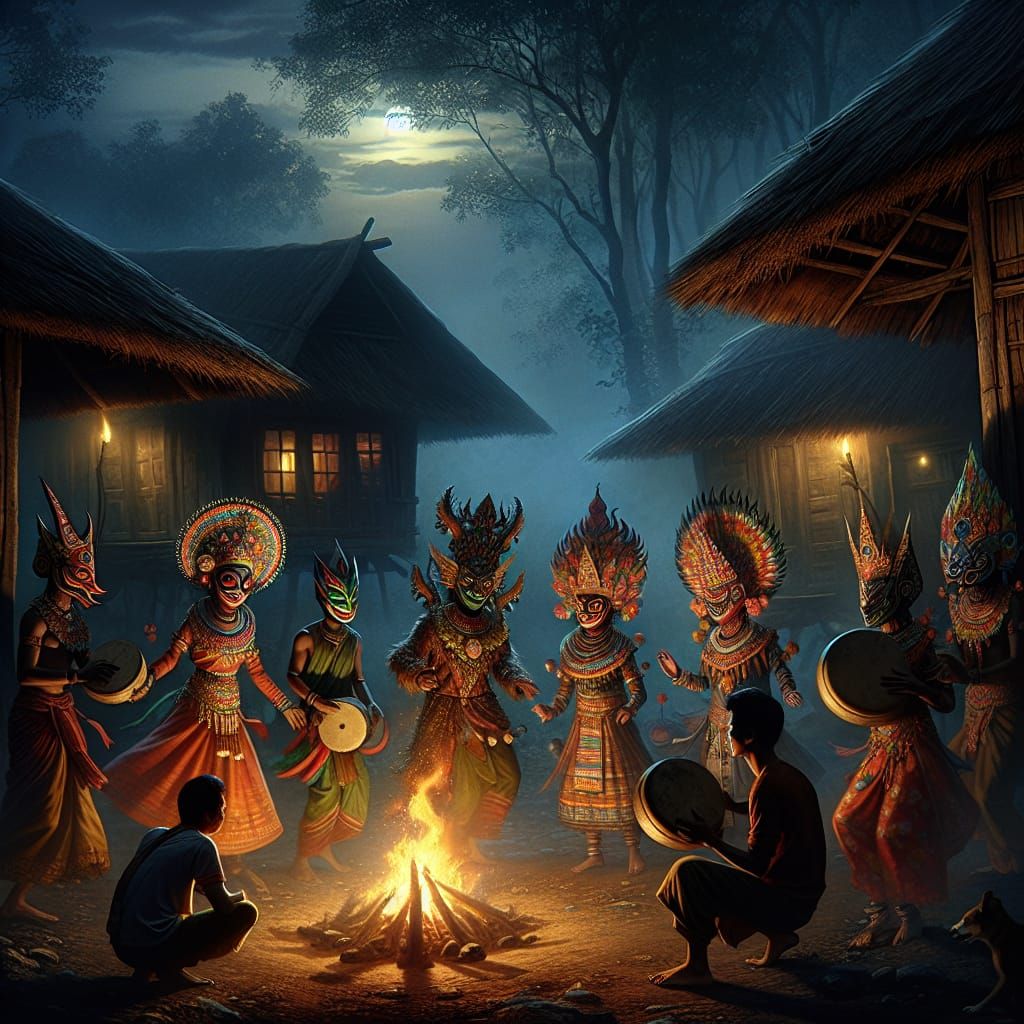 Vibrant Masks in Tribal Dance at Dusk