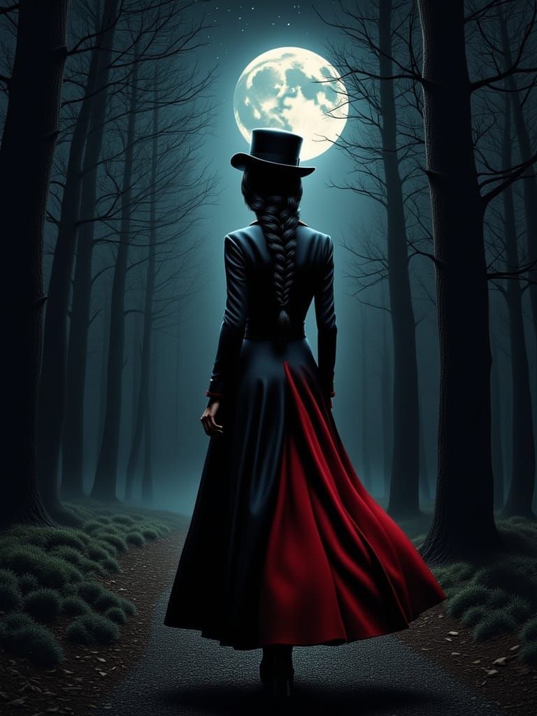 Gothic Woman in Top Hat Enters Moonlit Forest